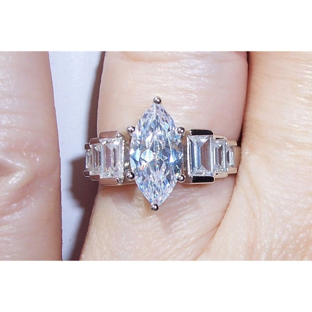 925 STERLING SILVER Marquise & Baguette Cubic Zirconia Ring - Picture 5 of 16